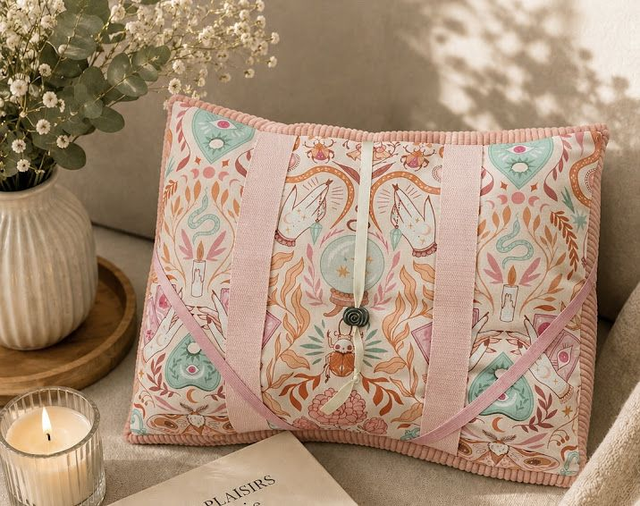 Decorative pillow with intricate patterns on a surface with a candle and plant in the background